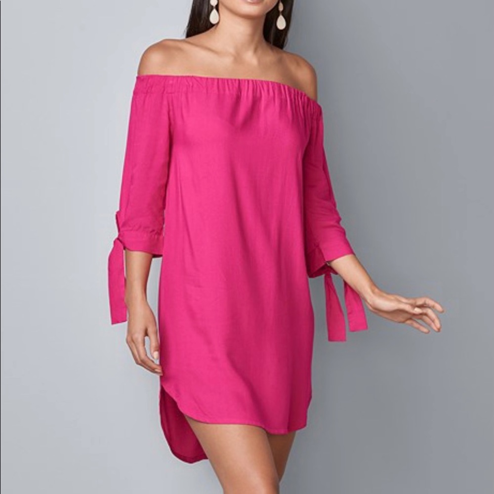 VENUS Fuchsia Off-the-Shoulder Tie-Sleeve Midi Dress